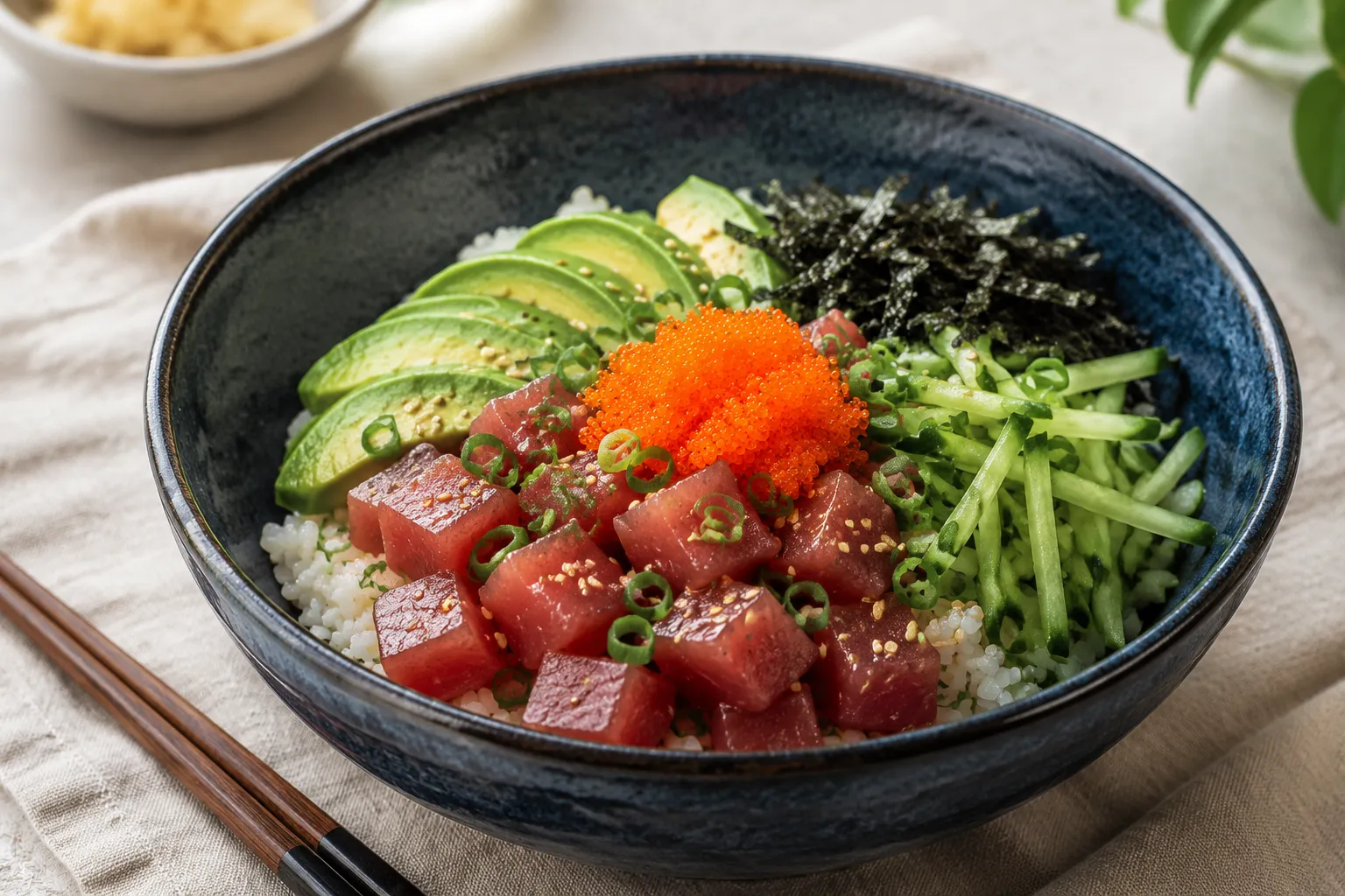 Finished tobiko sushi bowl with tuna, avocado, cucumber, and flying fish roe