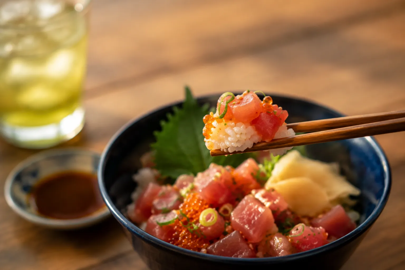 Chopsticks lifting a bite of tobiko and tuna from a sushi bowl