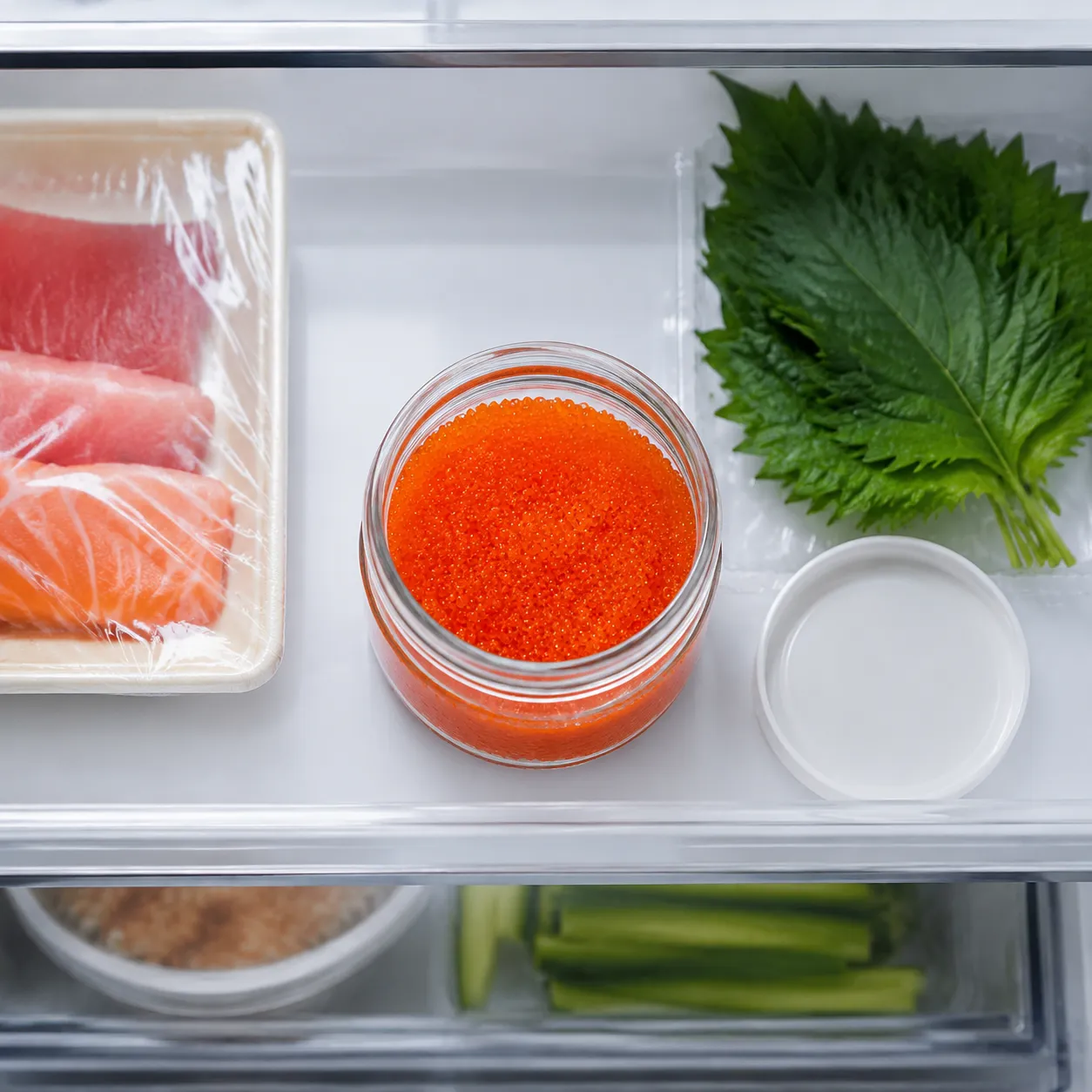 Tobiko stored in a sealed glass jar in the refrigerator for freshness