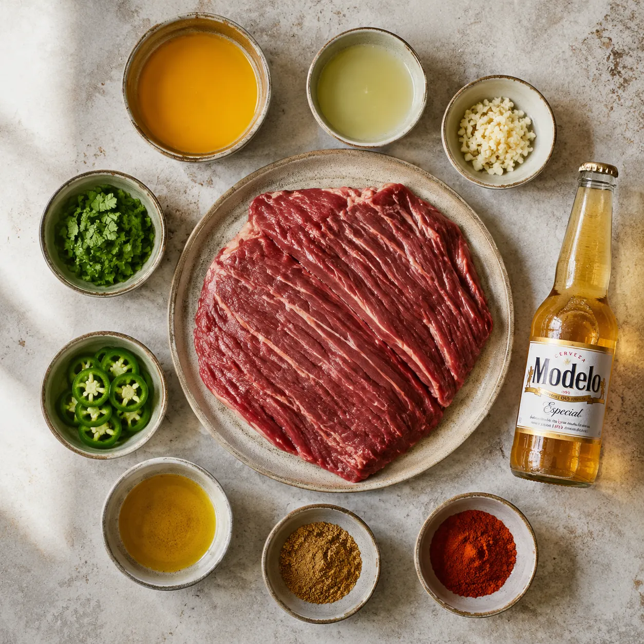 Carne asada marinade ingredients flatlay with citrus, garlic, cilantro, and spices