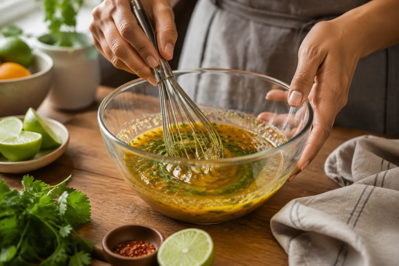 Whisking carne asada marinade with lime juice, garlic, and cilantro in a glass bowl