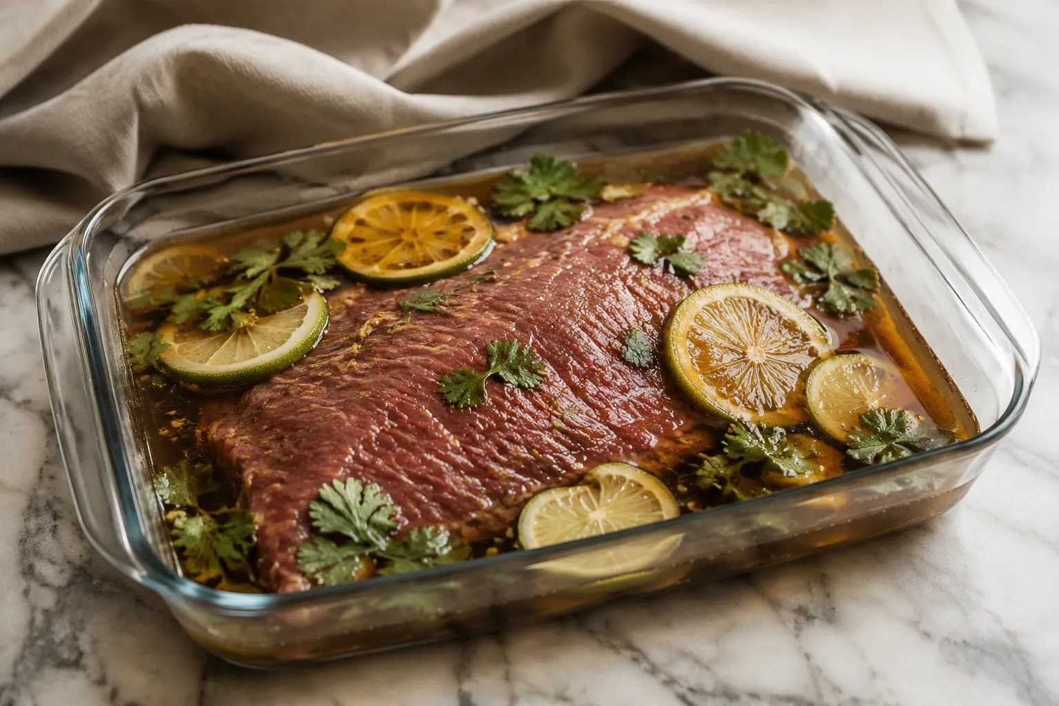 Flank steak marinating in carne asada marinade with lime and orange slices
