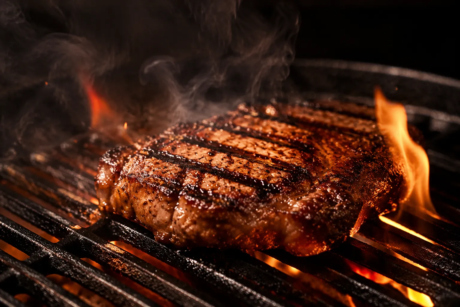 Carne asada grilling over high heat with charred grill marks and flames