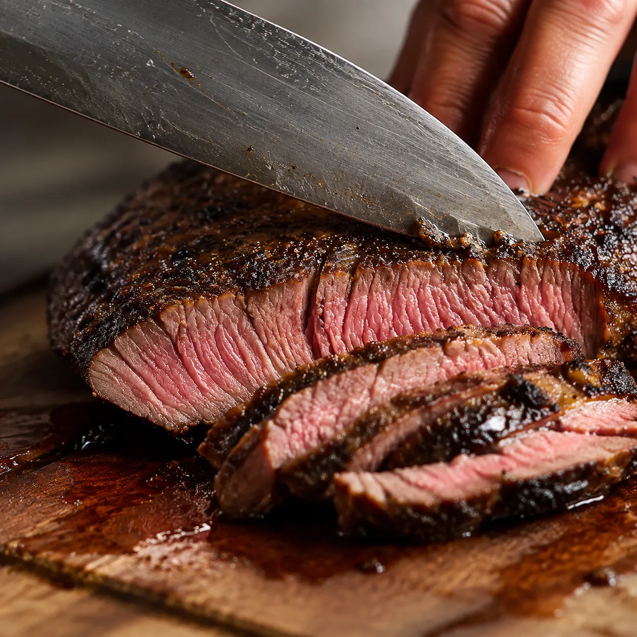 Slicing carne asada against the grain to show juicy pink interior