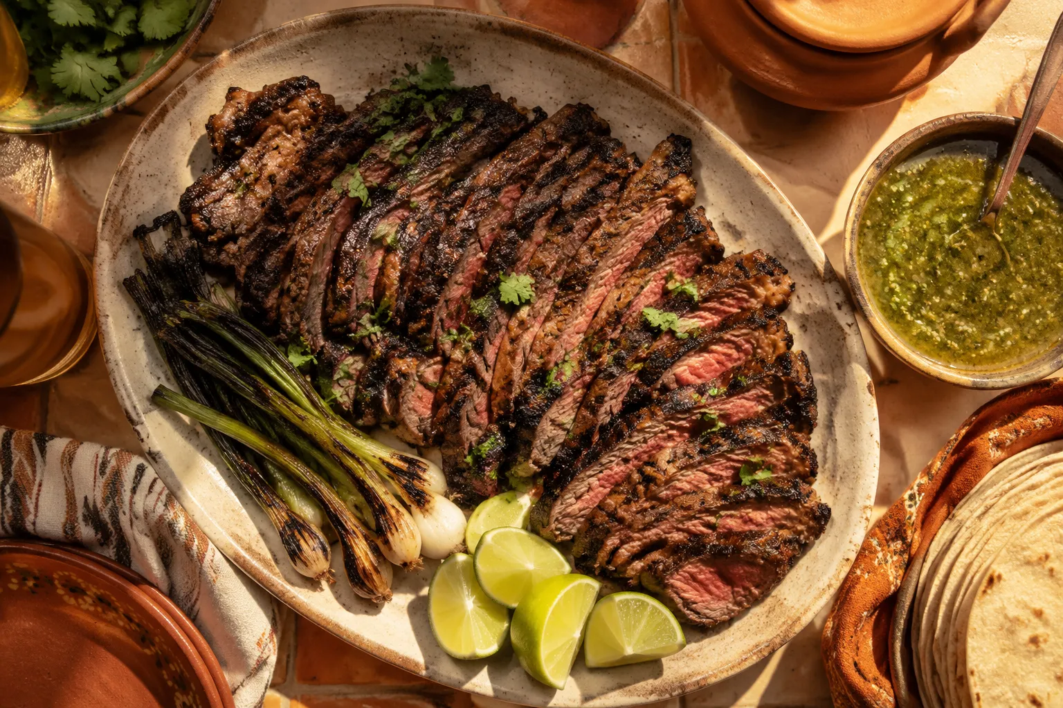 Plated carne asada recipe with cilantro, scallions, and lime wedges