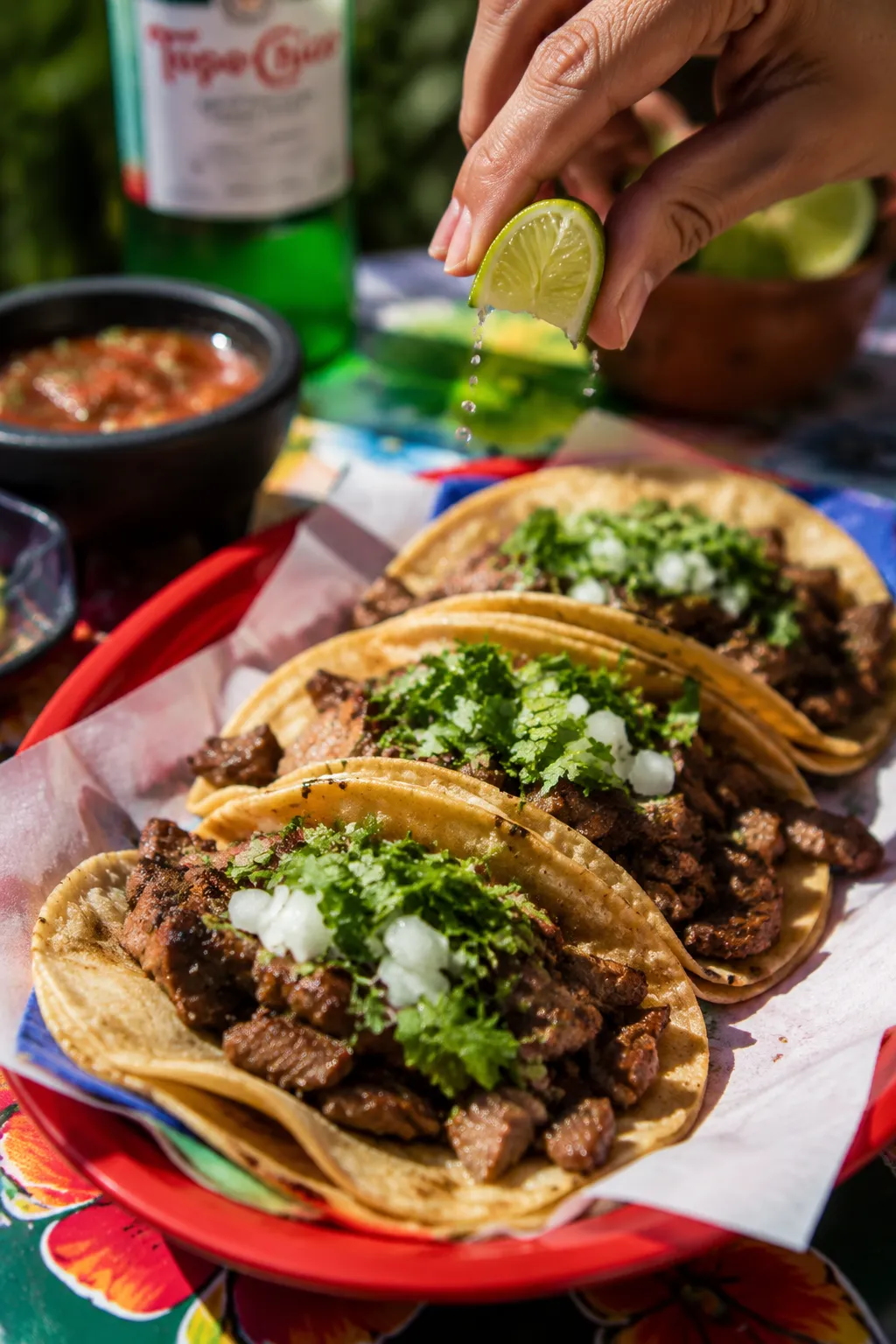 Carne asada tacos on corn tortillas with onion, cilantro, and lime