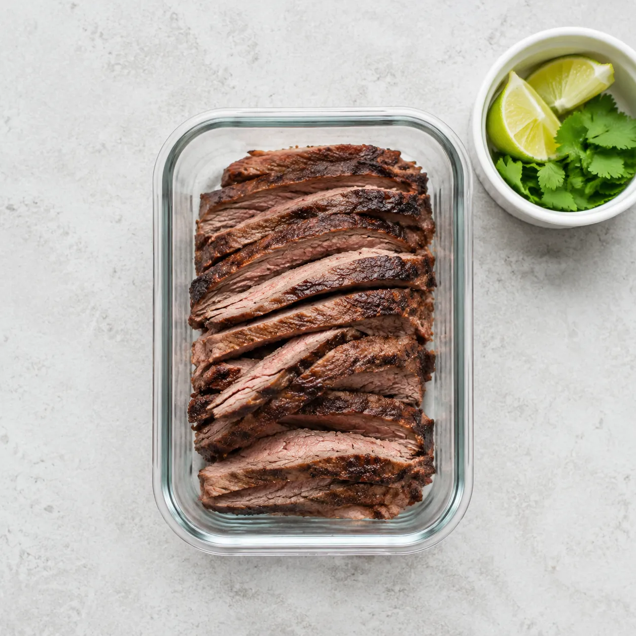 Storing leftover carne asada in a glass container for meal prep