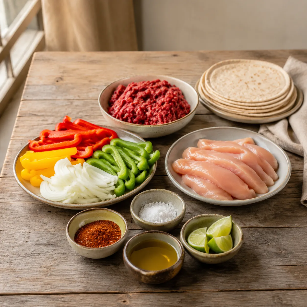 Ingredients flatlay for easy Blackstone recipes including chicken, peppers, and beef