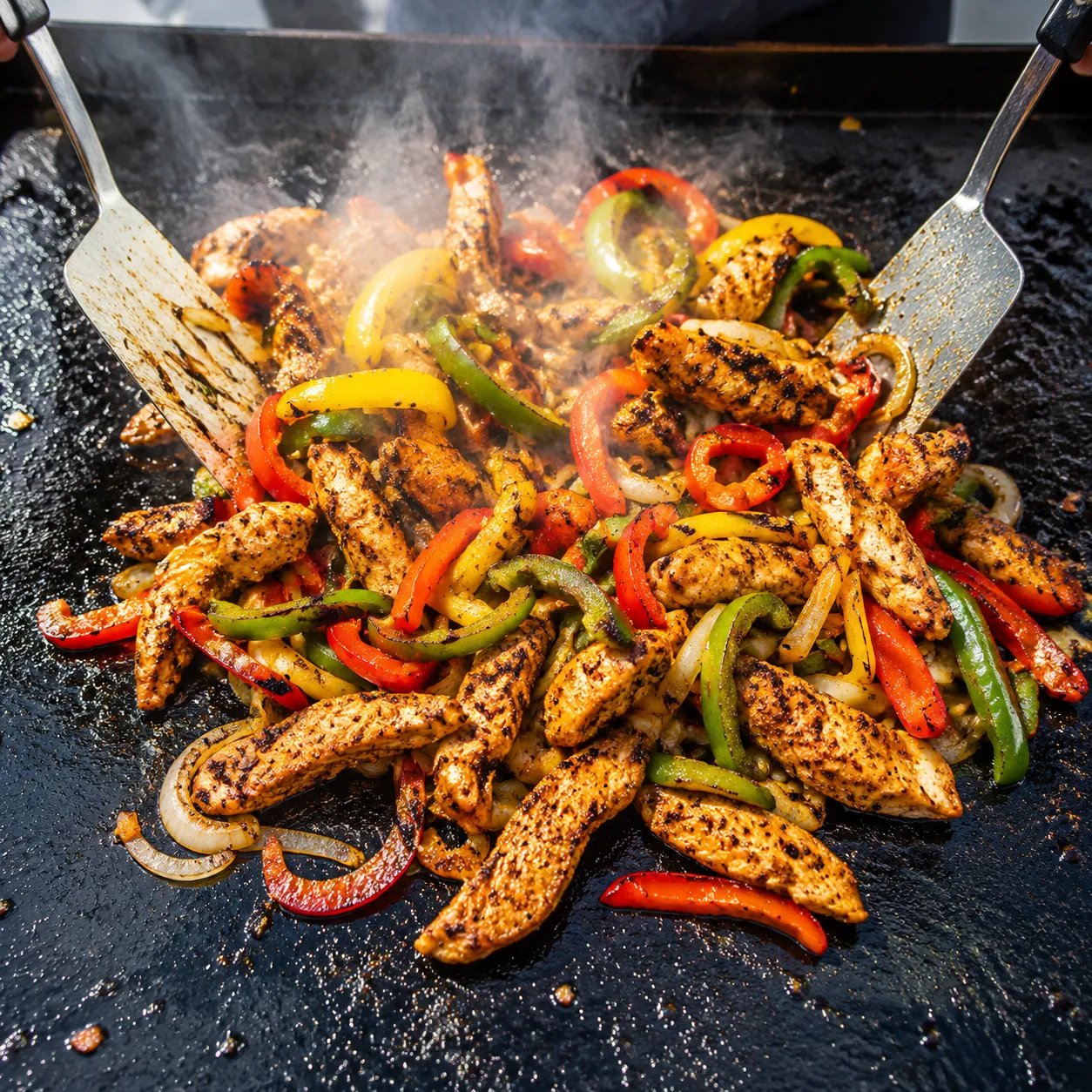 Blackstone chicken fajitas cooking with peppers and onions on the griddle