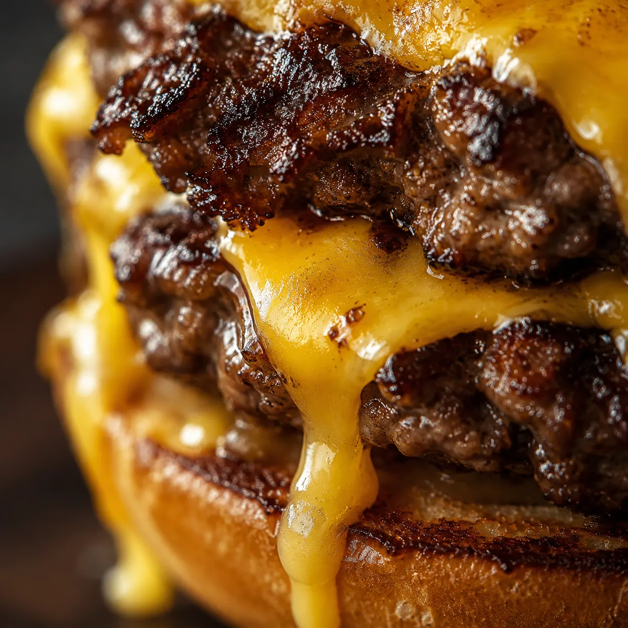 Macro of a Blackstone smash burger with crispy edges and melted cheese