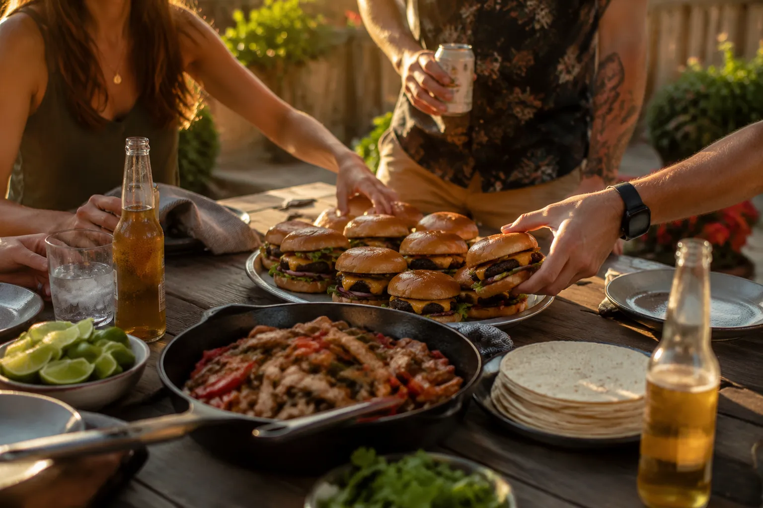 Backyard Blackstone dinner ideas served family-style on a wood table