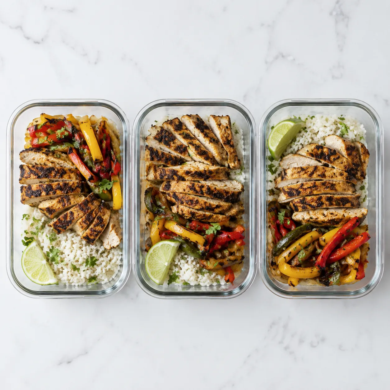 Healthy Blackstone recipes stored in glass meal-prep containers