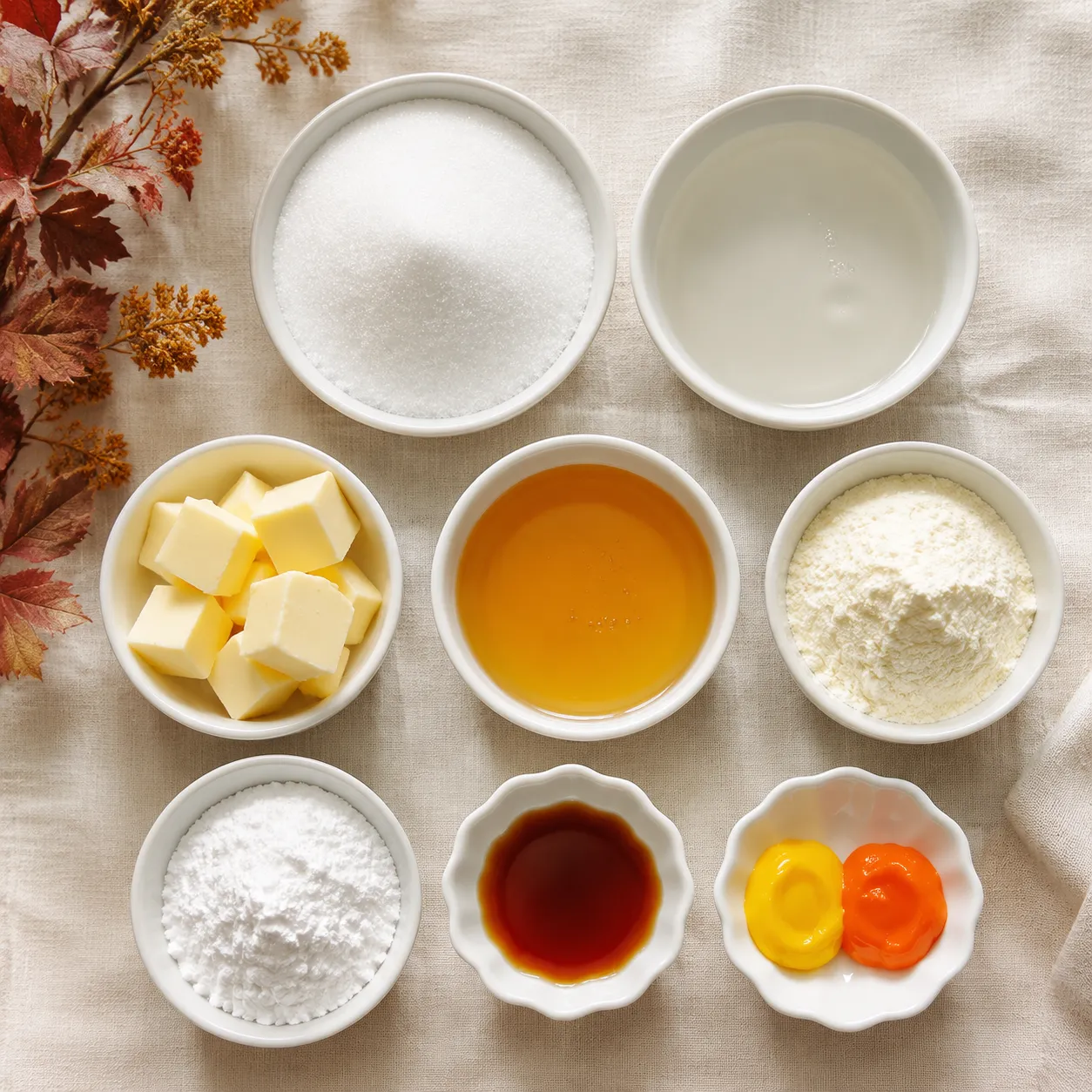 Candy corn ingredients flatlay with sugar, corn syrup, honey, and food coloring