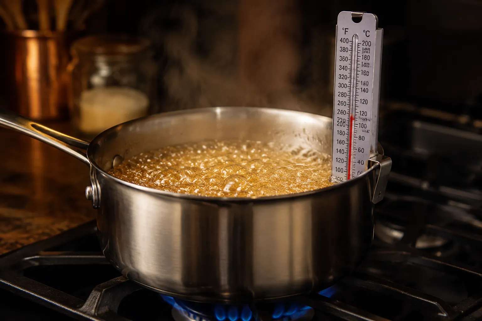 Cooking candy corn syrup to soft-ball stage with a candy thermometer
