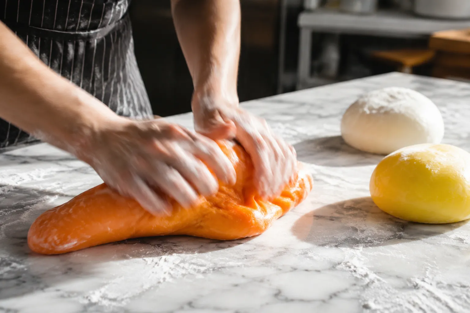 Hands kneading orange candy corn dough on a marble countertop