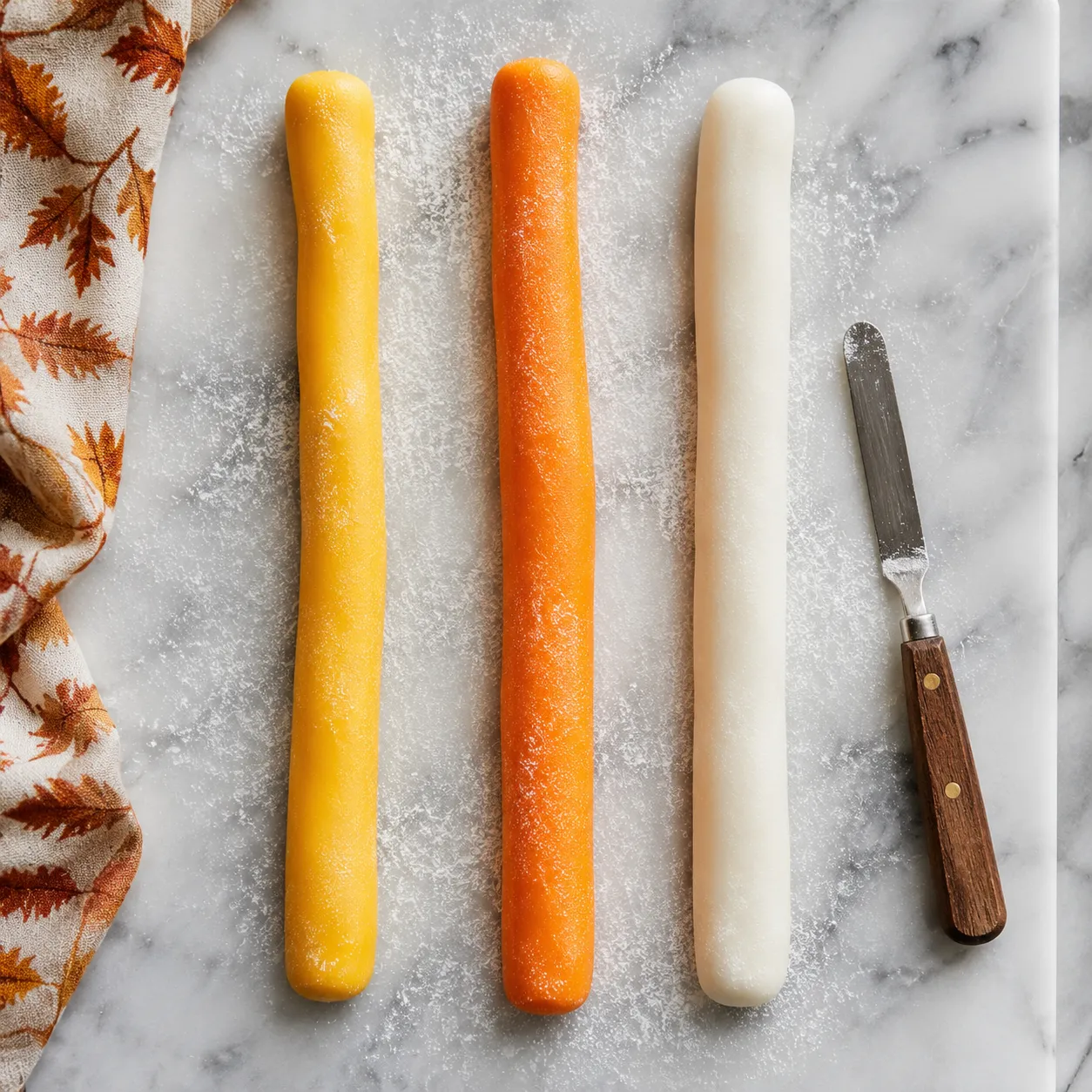 Yellow, orange, and white candy corn dough ropes stacked together