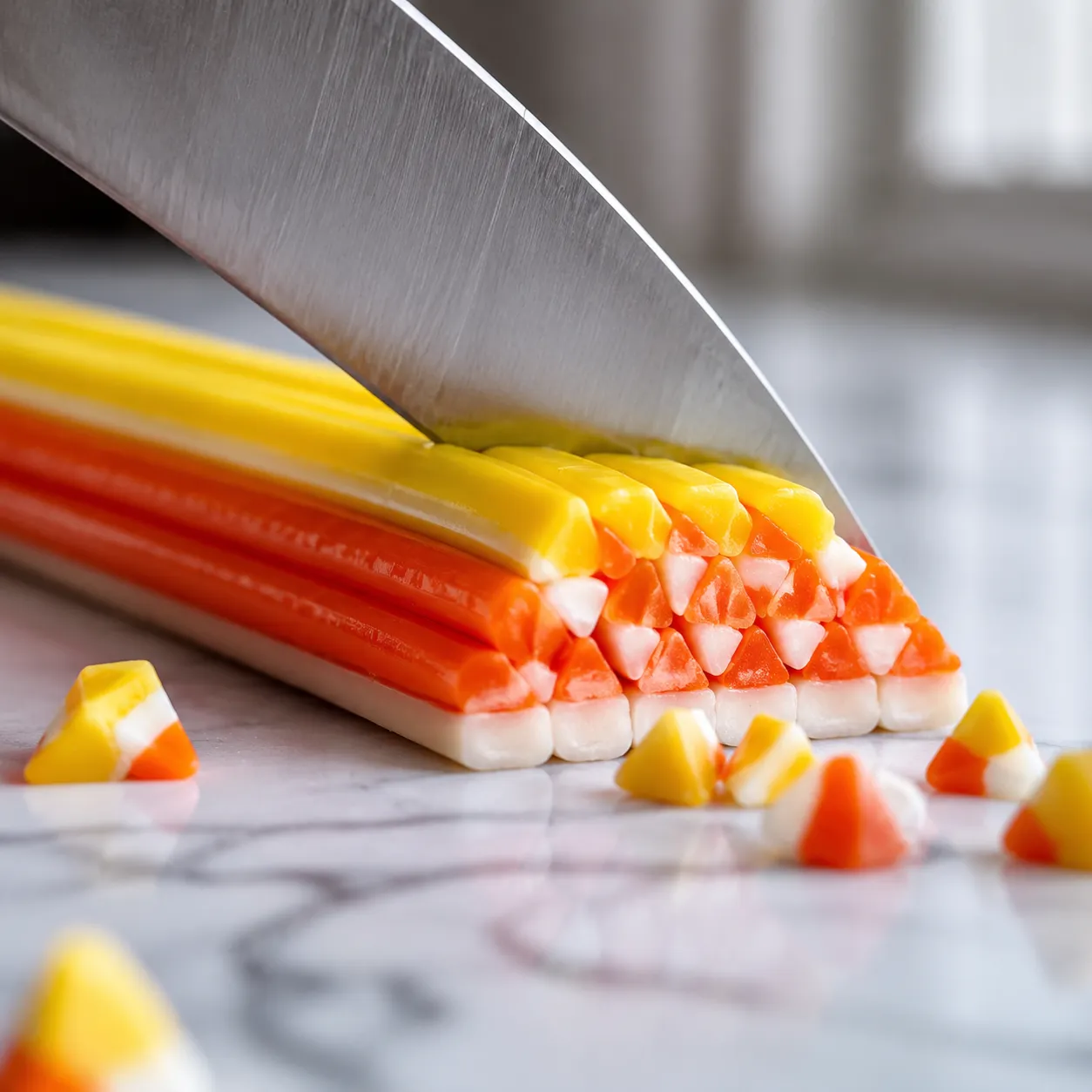 Slicing homemade candy corn kernels from a tri-color dough log