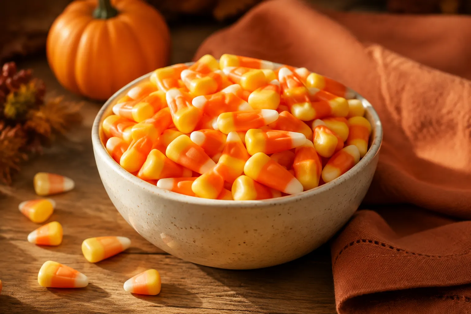 Homemade candy corn recipe finished and piled in a ceramic bowl