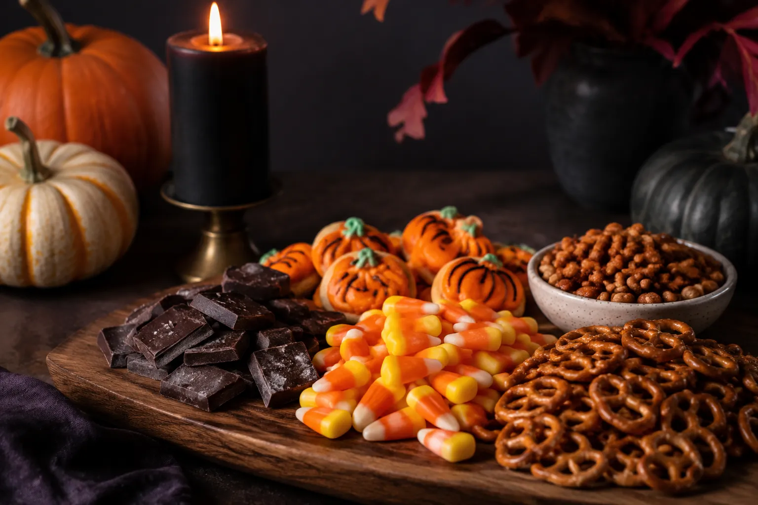 Halloween dessert board featuring homemade candy corn and fall treats