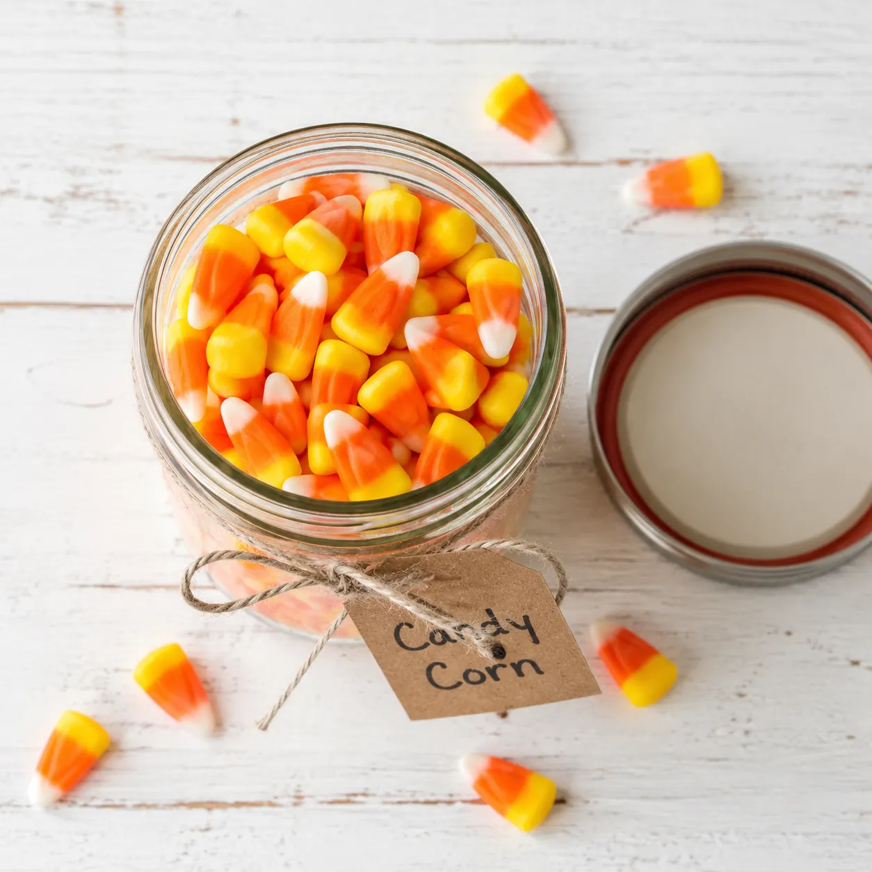 Storing homemade candy corn in a glass jar with a handwritten label