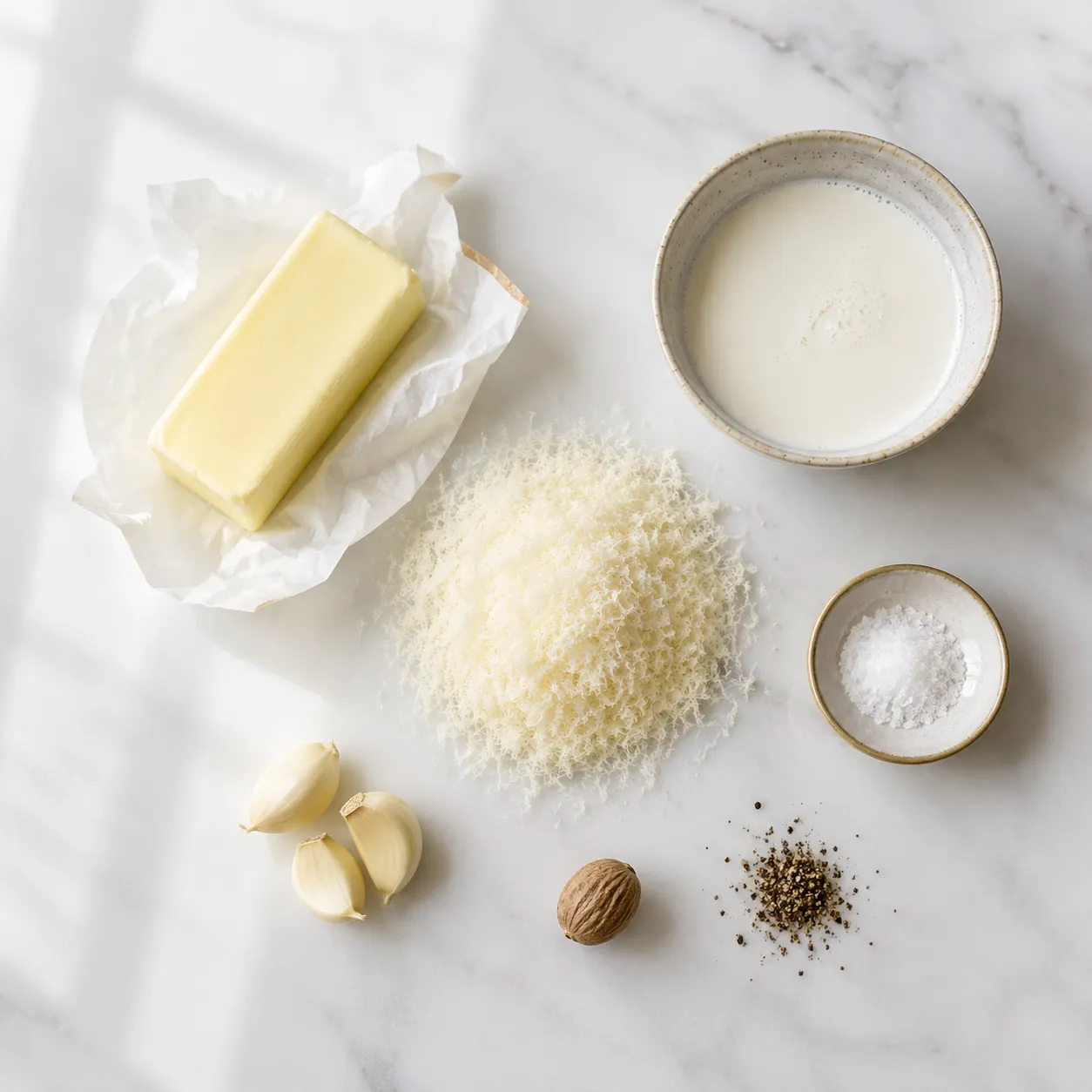 Homemade alfredo sauce ingredients flatlay with butter, cream, garlic, and Parmesan