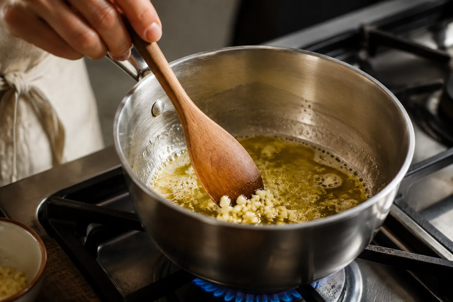 Melting butter and sautéing garlic for homemade alfredo sauce