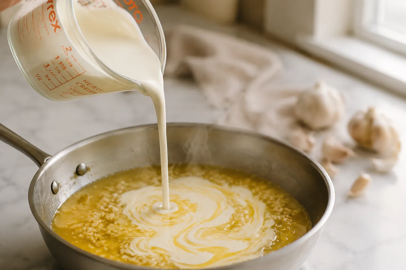Pouring heavy cream into garlic butter to make homemade alfredo sauce