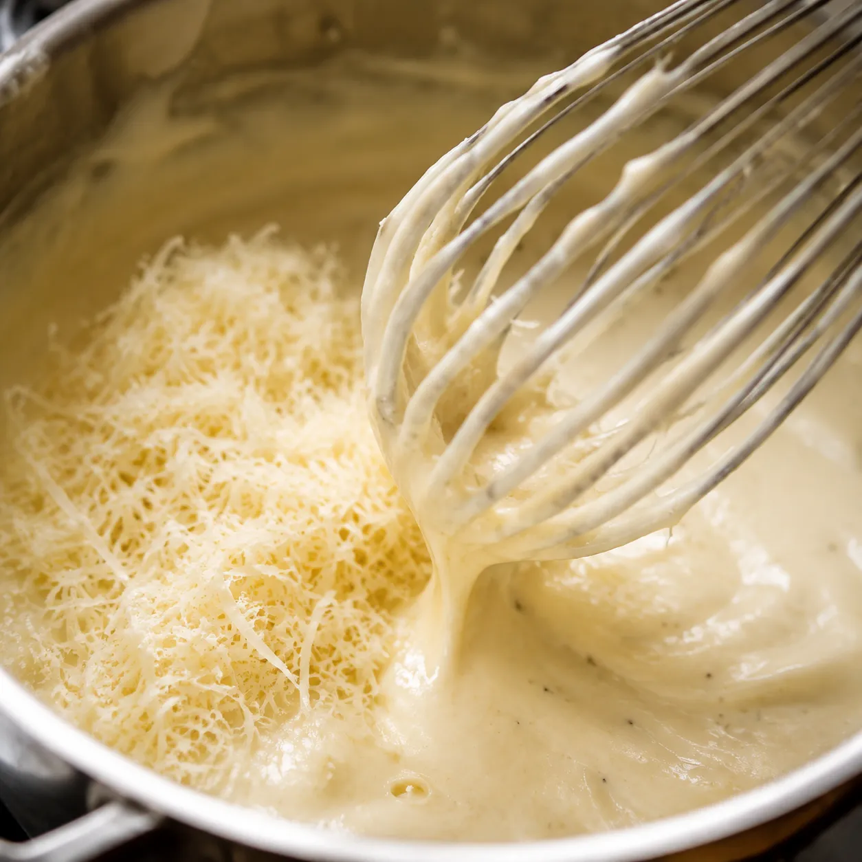 Whisking Parmesan into cream to thicken homemade alfredo sauce