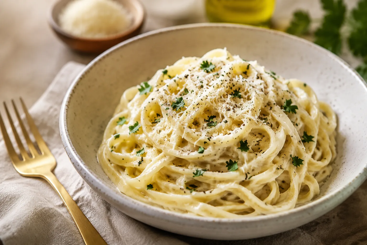 Homemade alfredo sauce tossed with fettuccine and topped with Parmesan and parsley