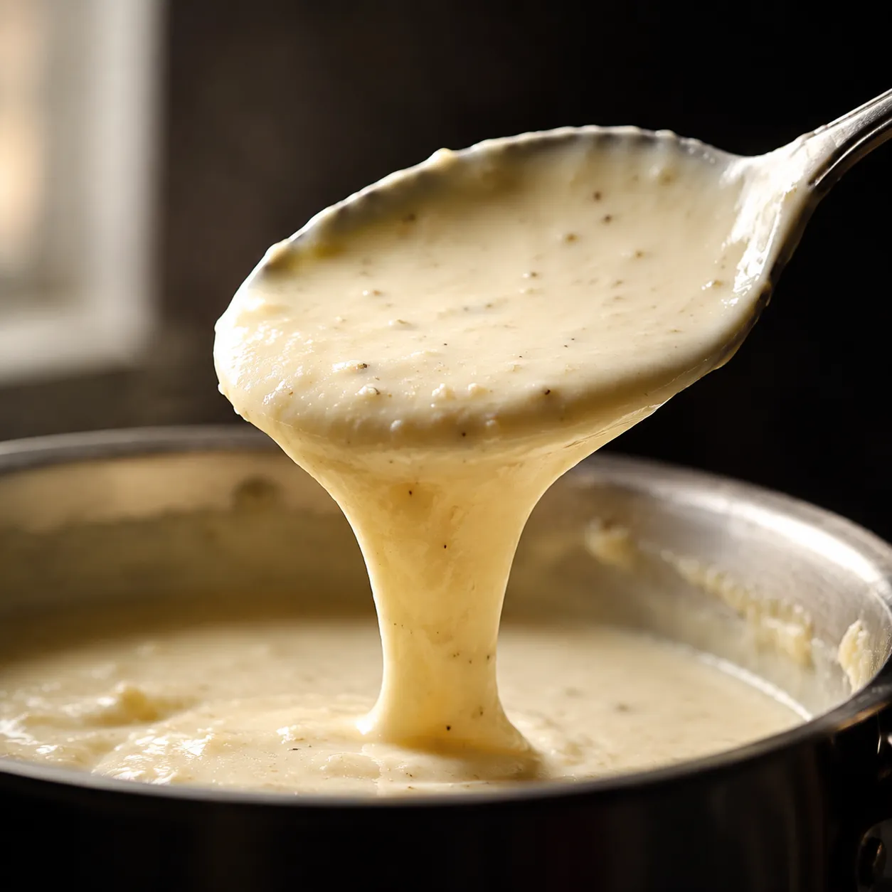 Silky homemade alfredo sauce ribboning off a spoon to show ideal consistency