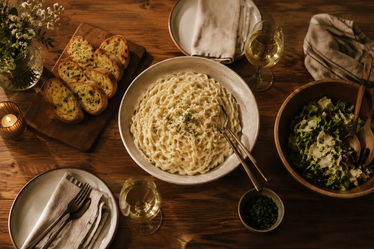 Homemade alfredo pasta served family-style with garlic bread and salad