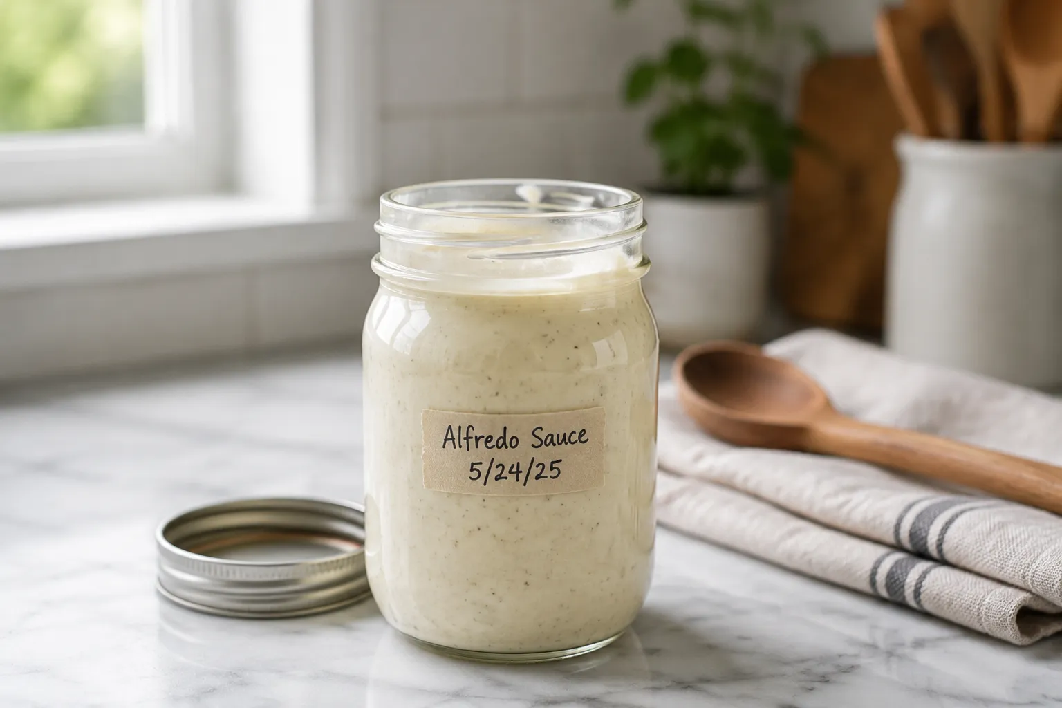 Homemade alfredo sauce stored in a glass jar for the refrigerator