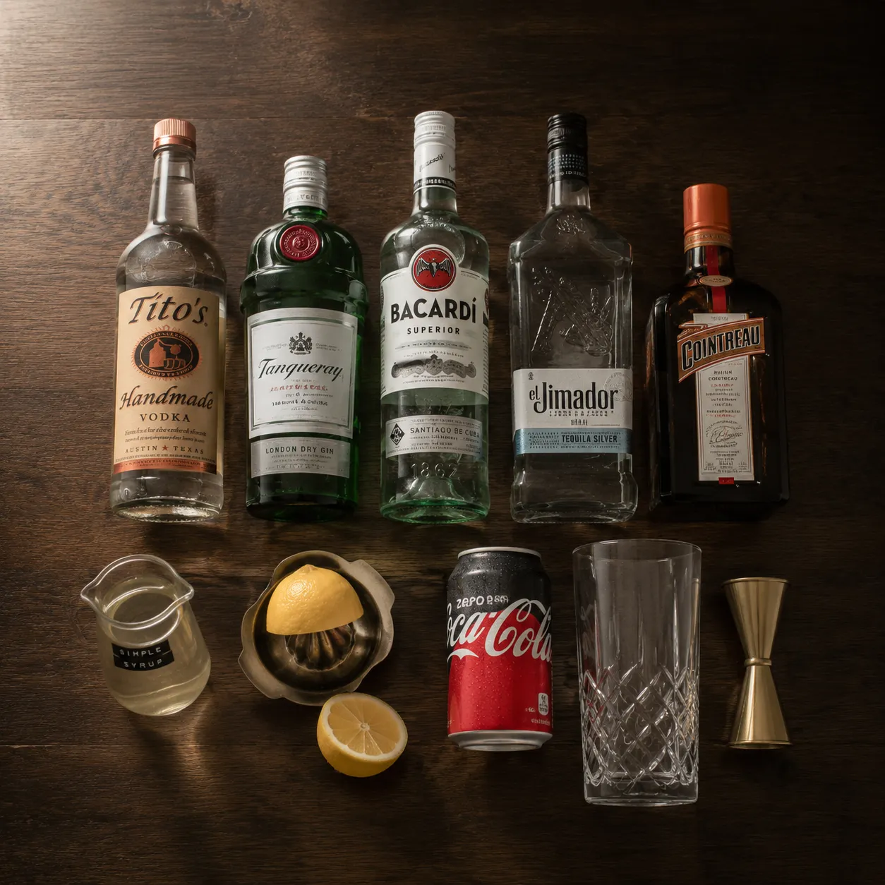 Long island iced tea ingredients flatlay with five spirits and fresh lemons