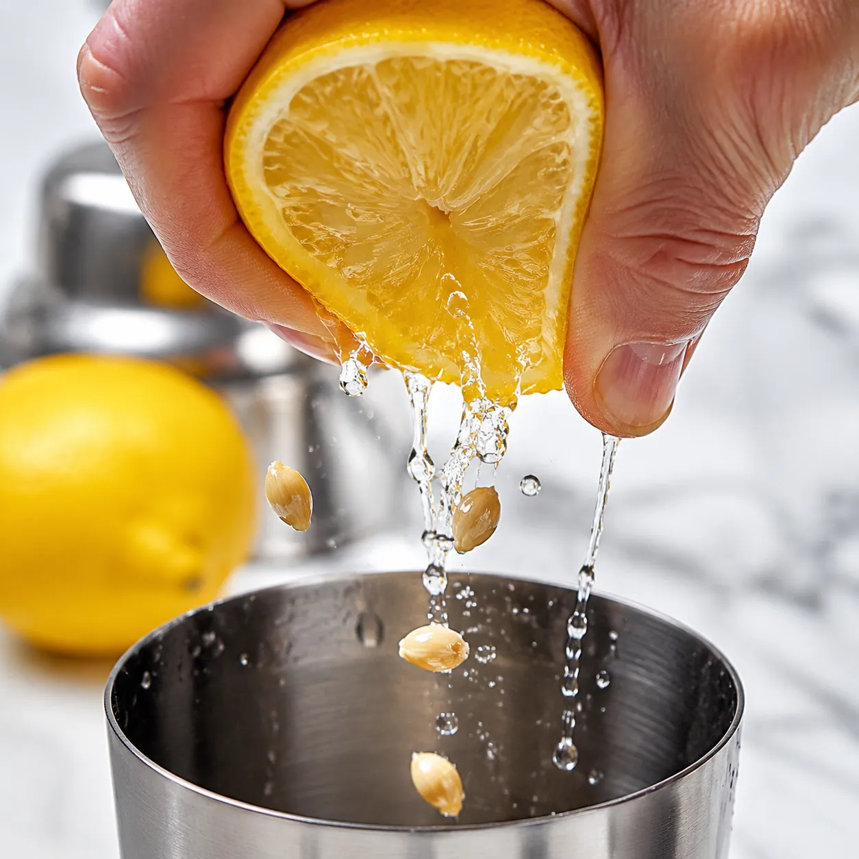 Fresh lemon juice being added to a long island tea cocktail