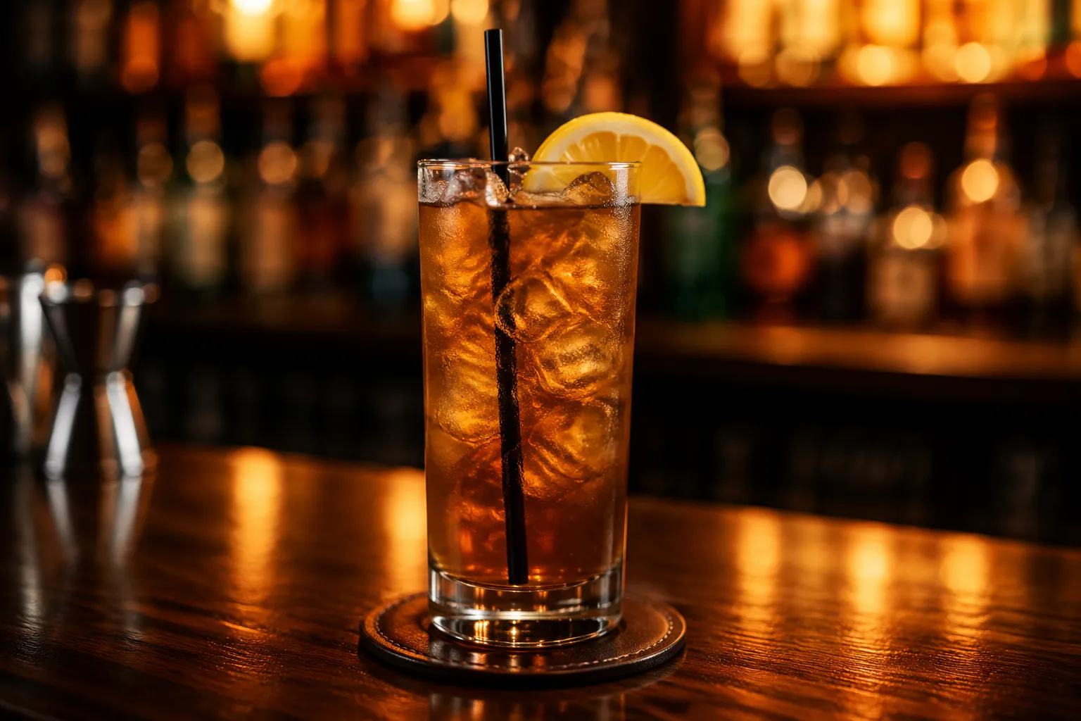 Finished long island iced tea garnished with lemon wedge