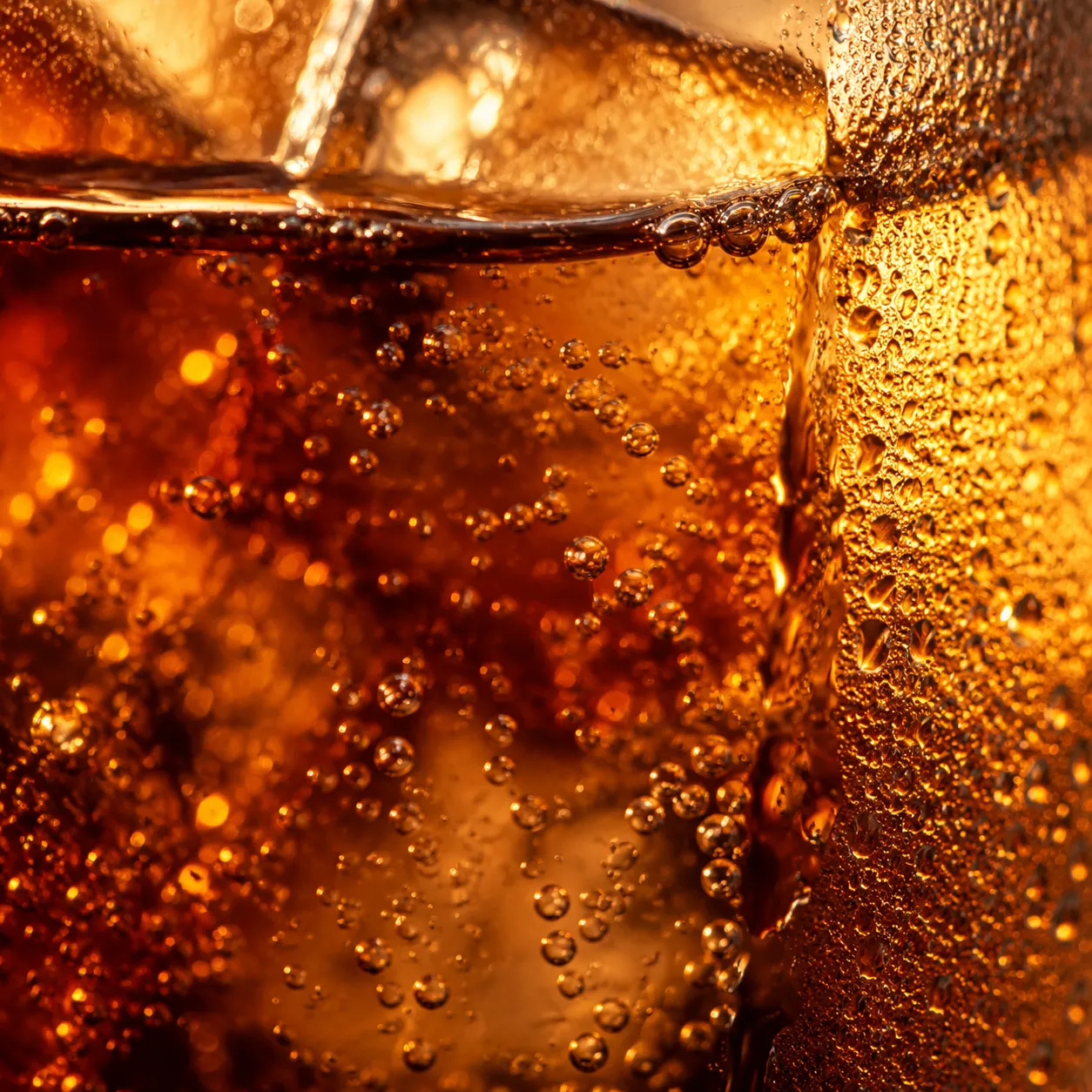 Close up bubbles and condensation on a long island iced tea glass