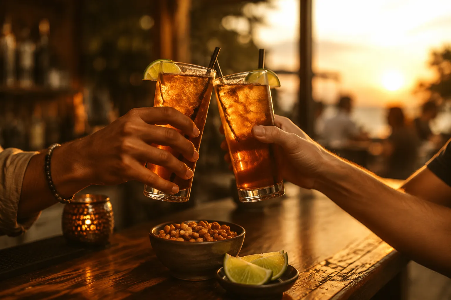 Two long island iced teas being toasted over a bar