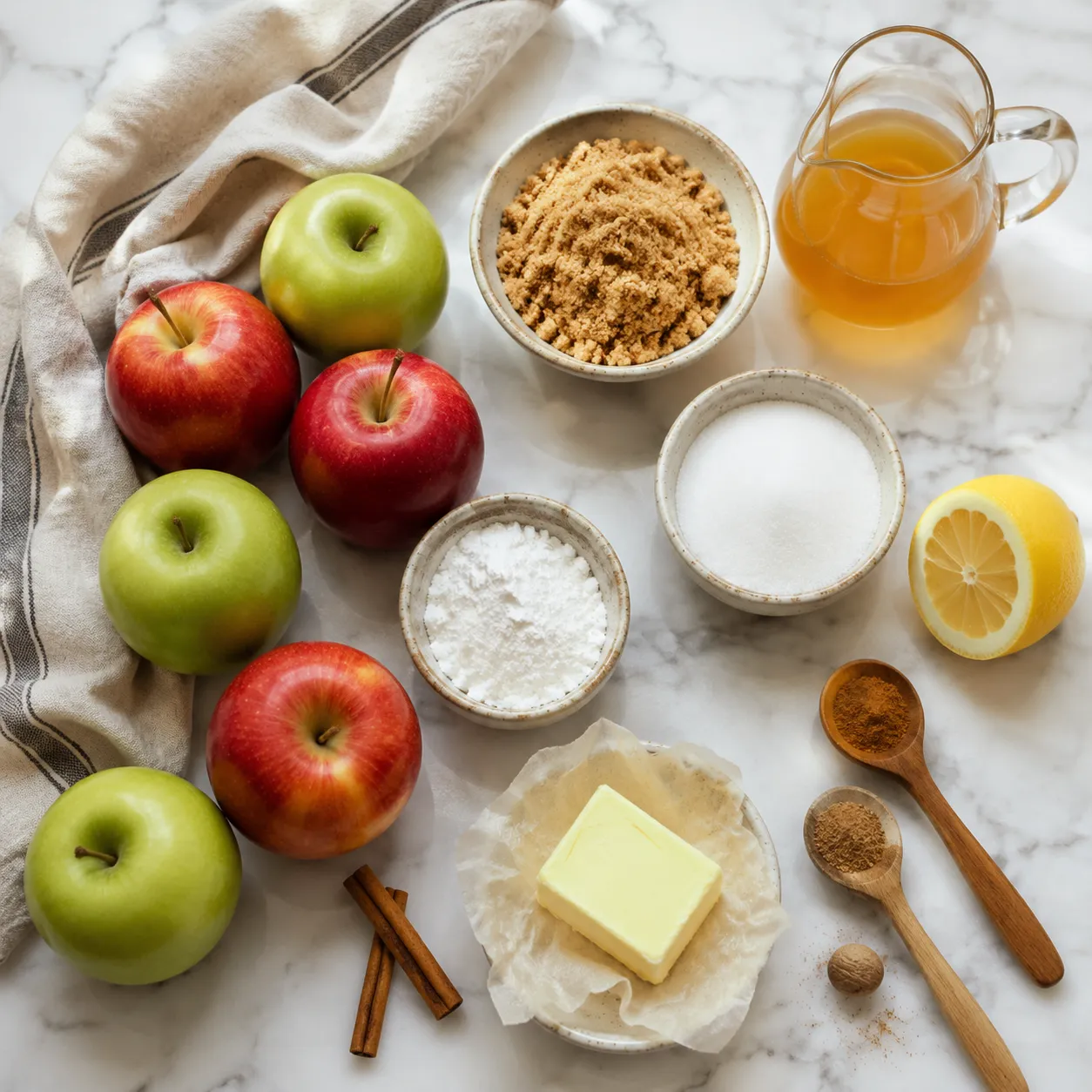 Apple pie filling recipe ingredients flatlay with apples cinnamon and brown sugar
