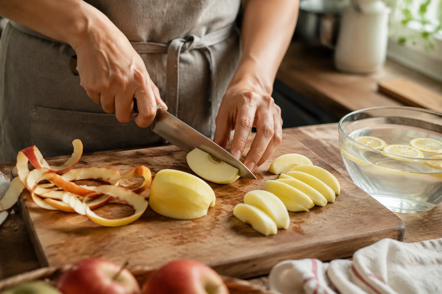 Peeling and slicing the best apples for pie recipe on a wooden board