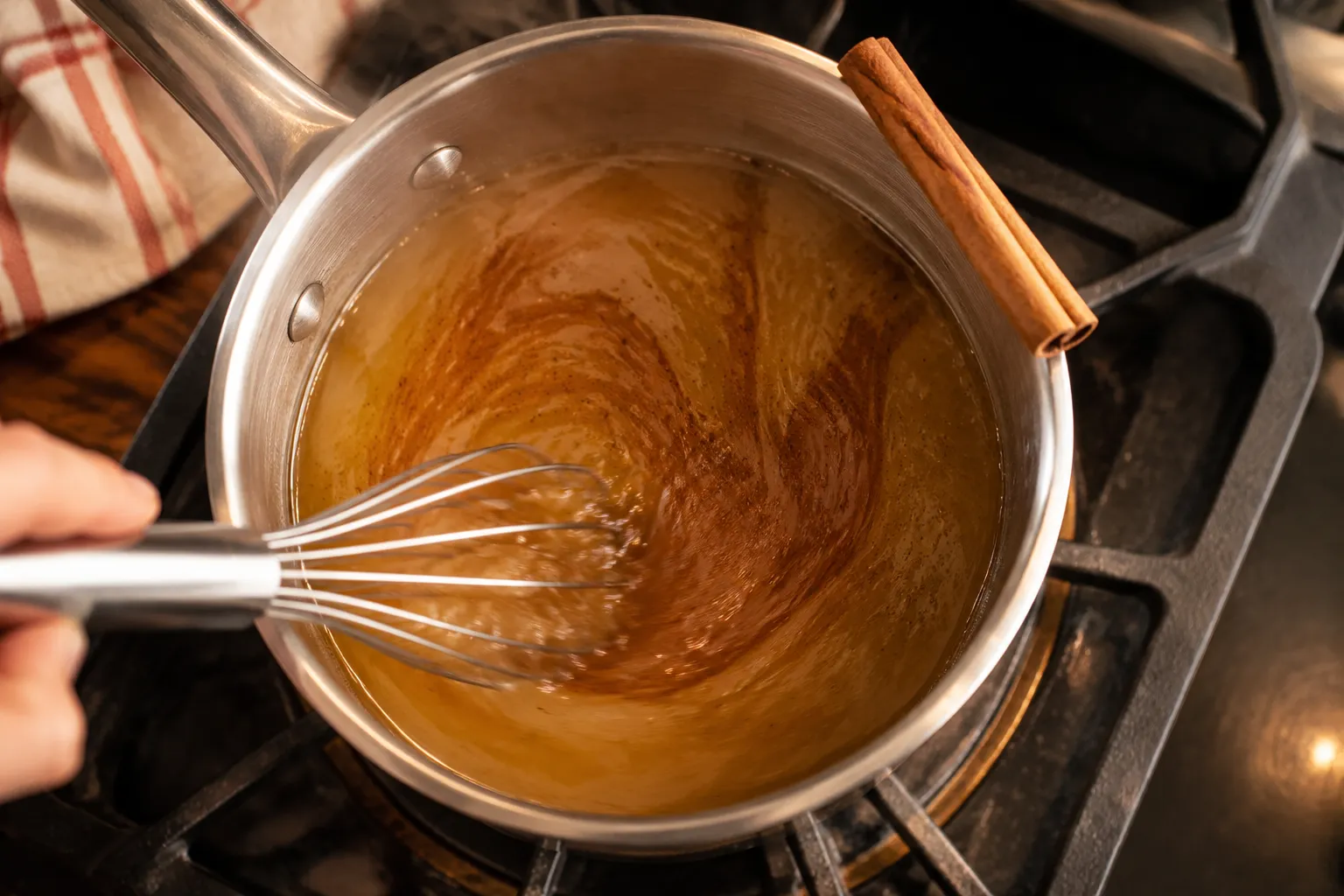Whisking brown sugar and cinnamon into cider for easy apple pie recipe filling