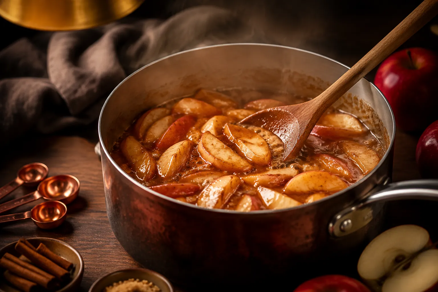 Apples for pie recipe simmering in brown sugar cinnamon syrup
