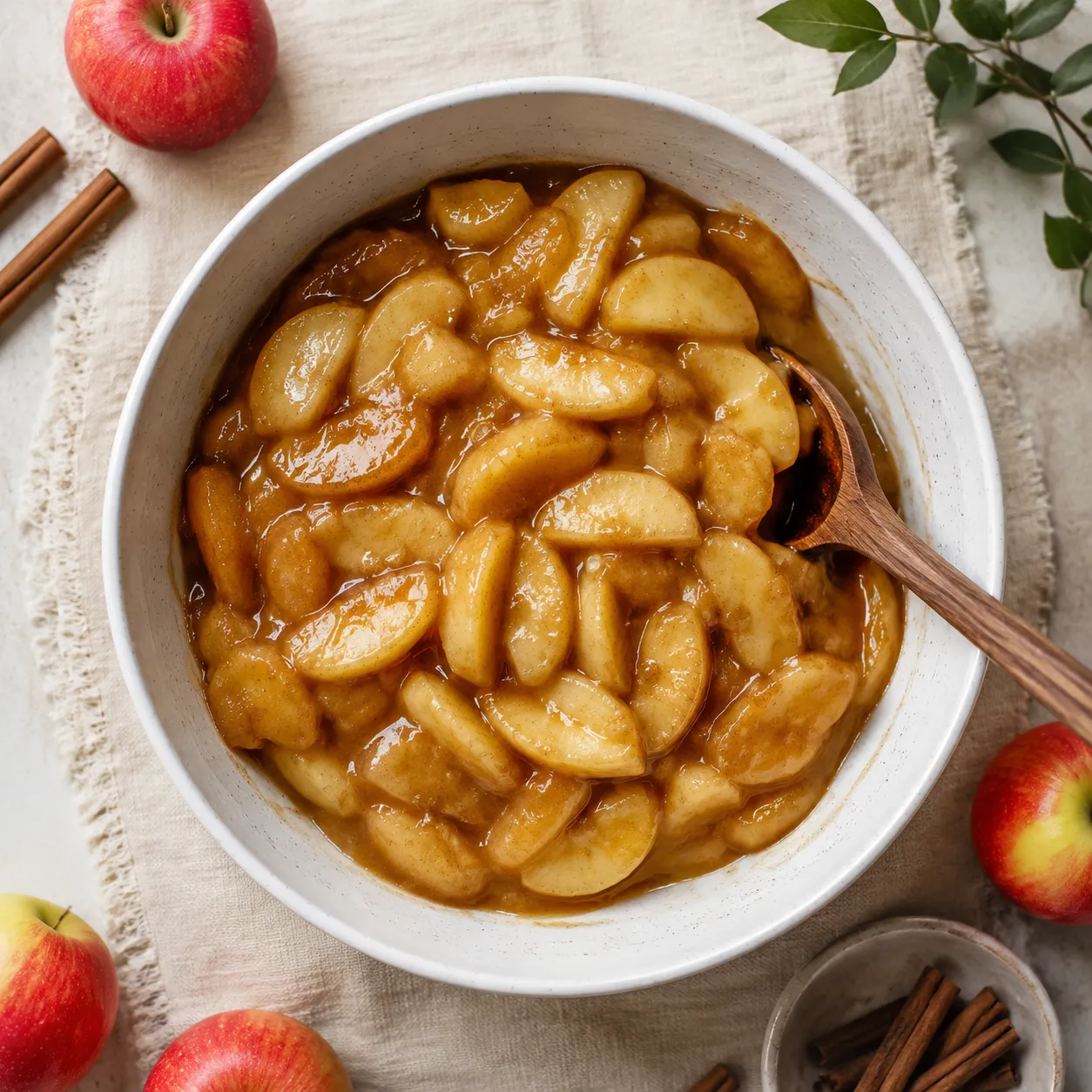 Finished homemade apple pie filling recipe in a white bowl with cinnamon sticks
