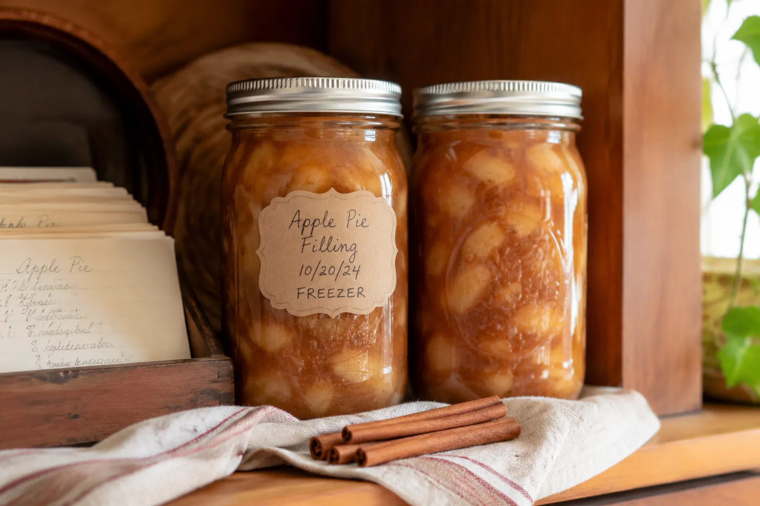 Homemade apple pie filling stored in mason jars for freezer and fridge