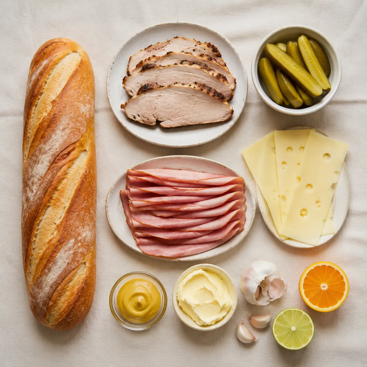 Cuban sandwich ingredients flatlay with Cuban bread, pork, ham, Swiss, and pickles