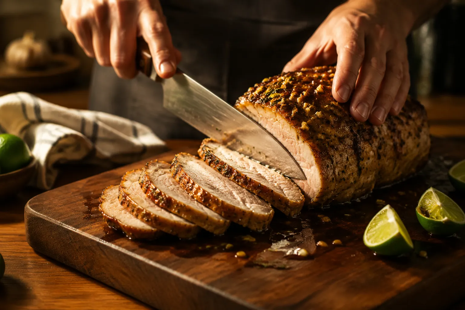 Slicing mojo roast pork for an authentic Cuban sandwich
