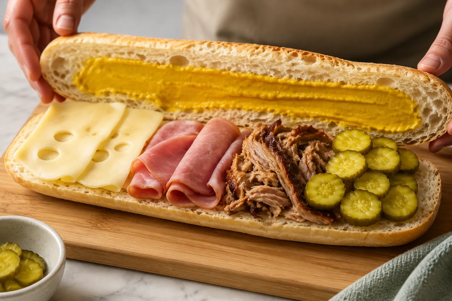 Building a Cubano sandwich with ham, pork, Swiss cheese, and pickles