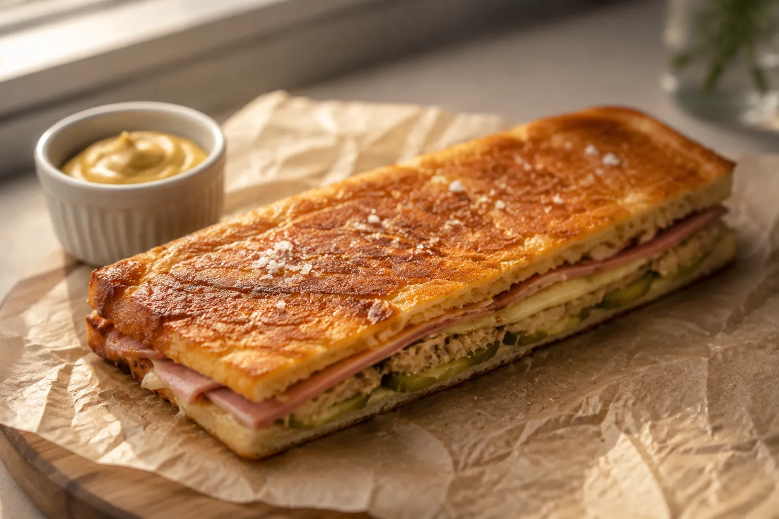 Whole pressed Cuban sandwich with crispy buttered crust on parchment