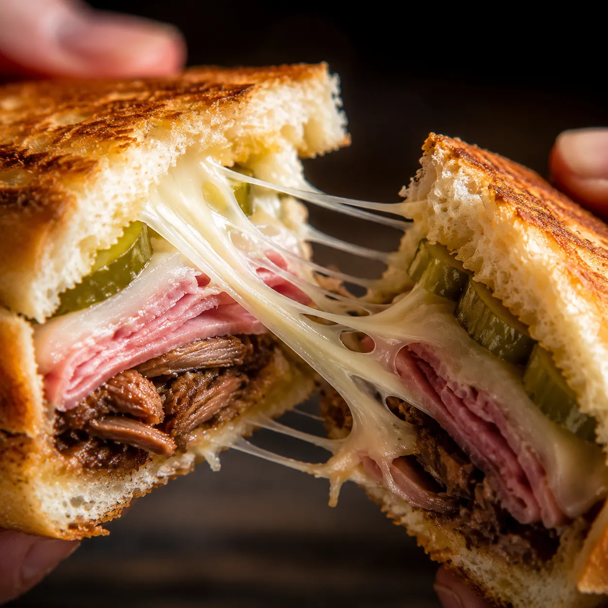 Close-up of melted Swiss cheese pull in a sliced Cuban sandwich