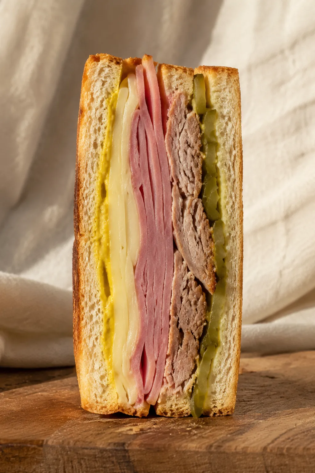 Side view showing layers of an authentic cuban sandwich recipe