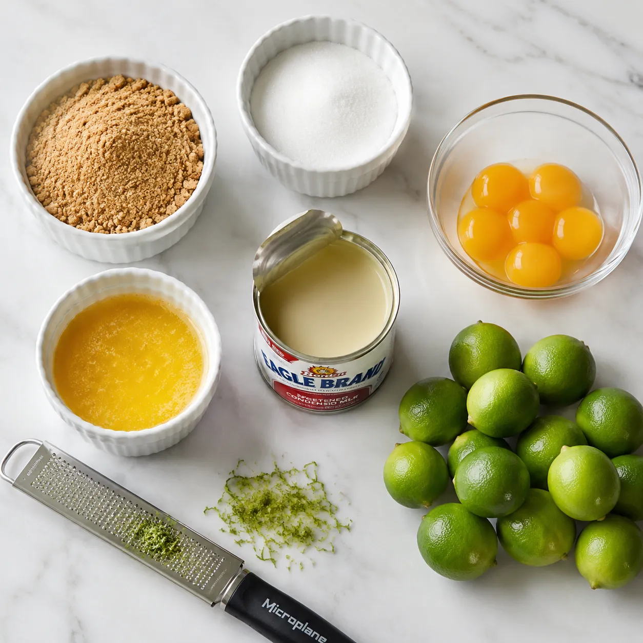 Key lime pie ingredients flatlay with key limes and sweetened condensed milk